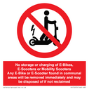No storage or charging of E-Bikes, E-Scooters, Mobility Scooters Text: 